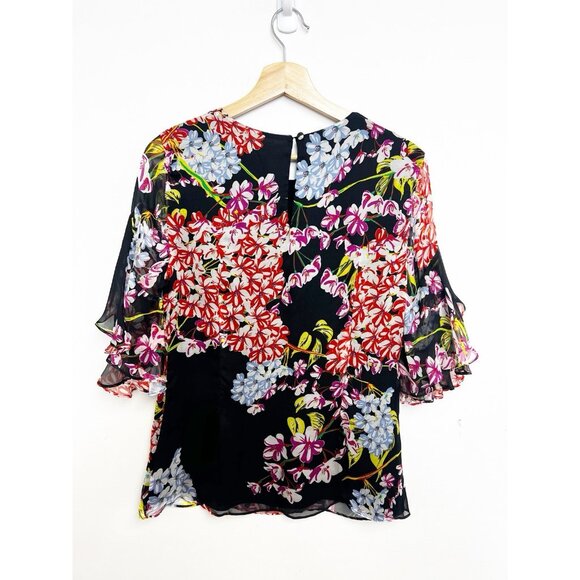 Josie Natori Women Black Multicolor Floral Silk 3/4 Sleeve Blouse Top Sz M - Picture 11 of 12